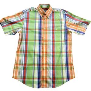 Mens Orvis Plaid Button Up Shirt Short Sleeve Multicolor Green Plaid Size Medium